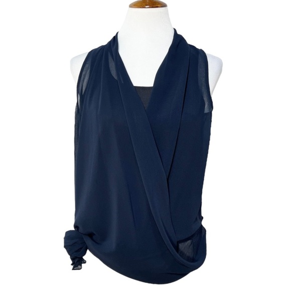 Miss Me Tops - Miss Me MM Couture Draped Side Tie Faux Wrap Navy Blue Sleeveless Blouse